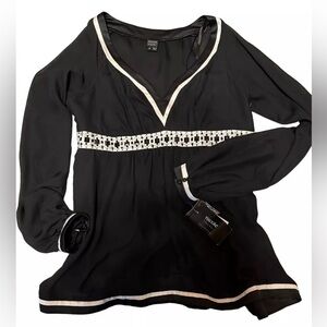 Nicole Miller Black & White Beaded Empire Waist V-Neck Flowy Top  Sheer Sleeves